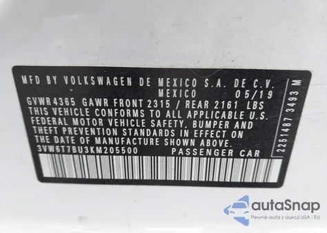 2019 Volkswagen Jetta Gli 2.0T 35Th Anniversary Edition/2.0T Autobahn/2.0T S from USA, damaged, VIN 3VW6T7BU3KM205500